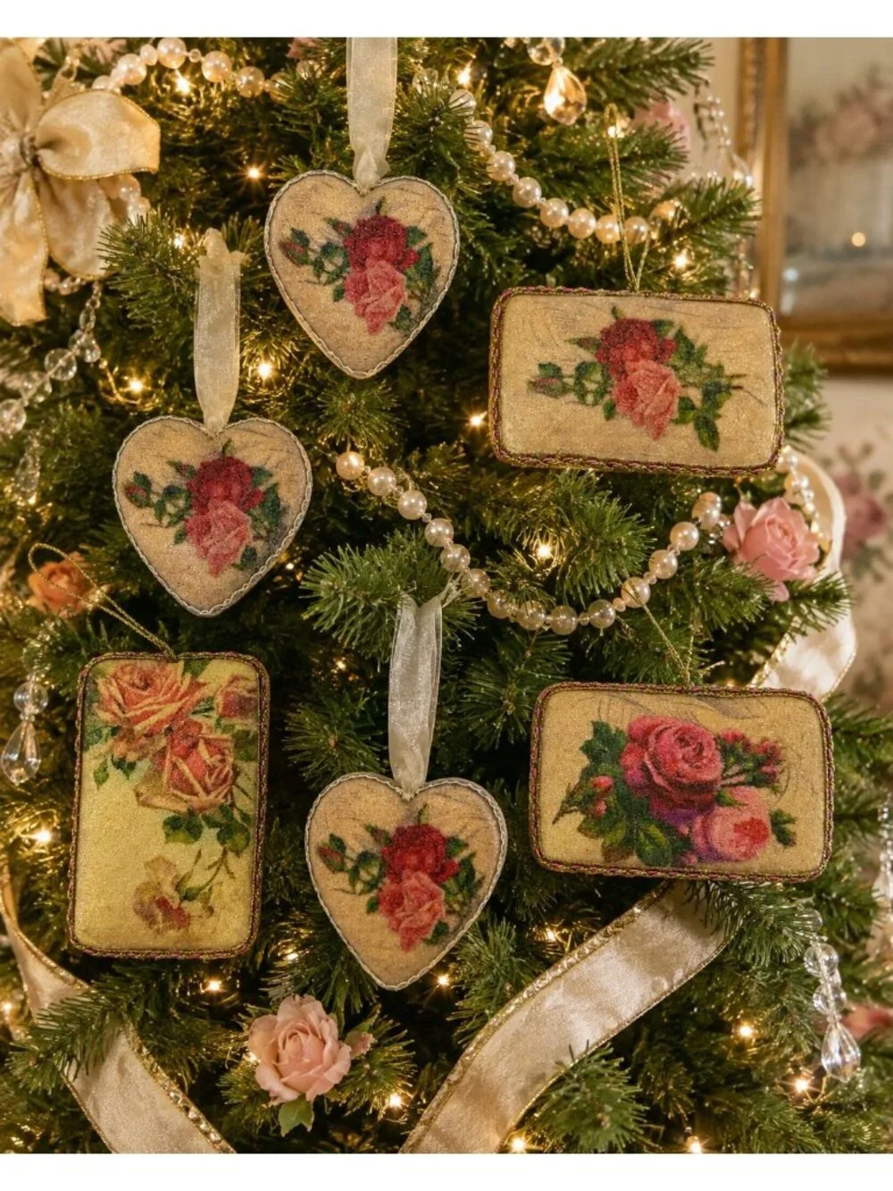 Vintage Papier Mache Rose Christmas Ornaments Set of 6 Victorian Postcard Hearts